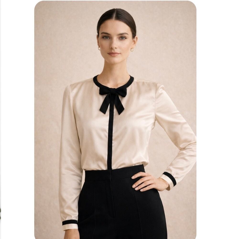 Vintage Maggy London Silk Blouse Cream Black Trim Hidden Button Top
